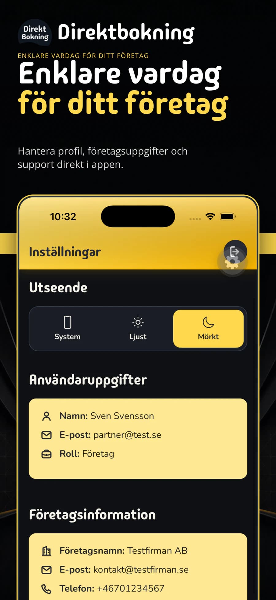 Företagsinställningar och support i Direktbokning